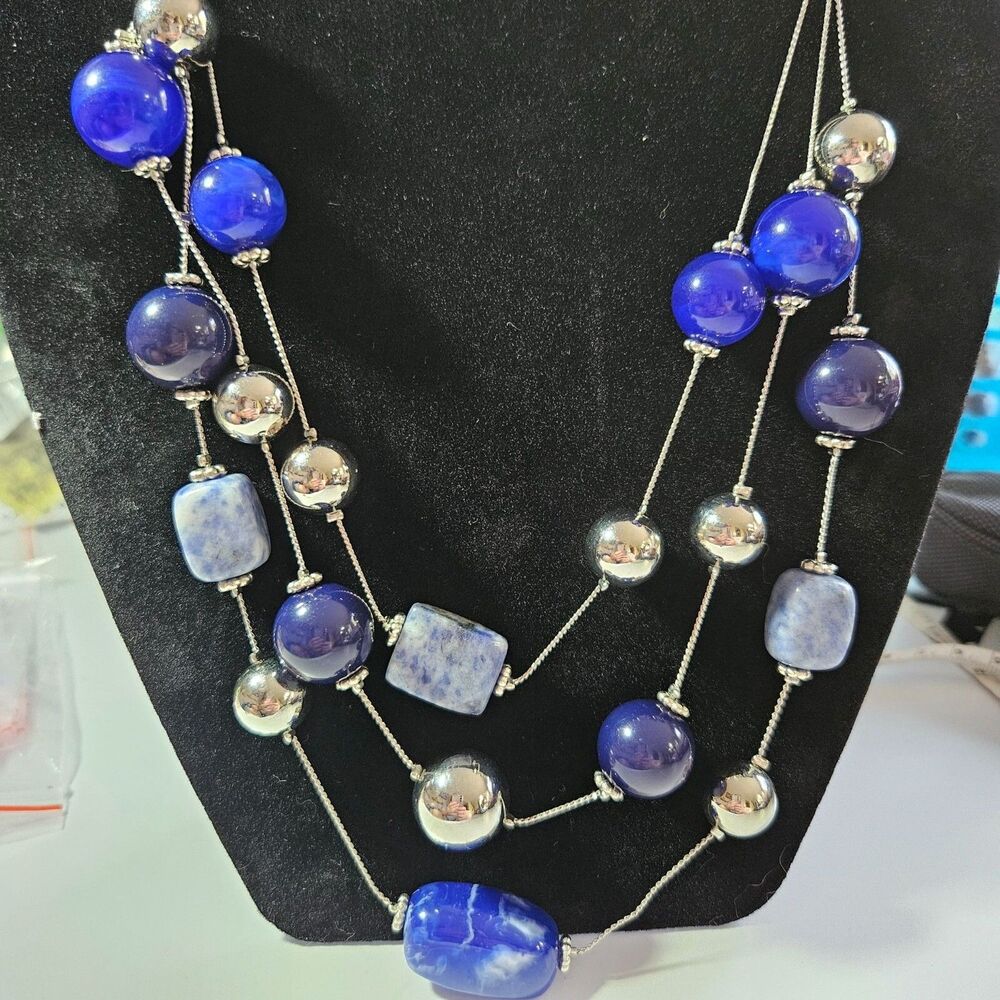 Silver Tone Layered Blue Bead Station Necklace 20-23" Sodalite